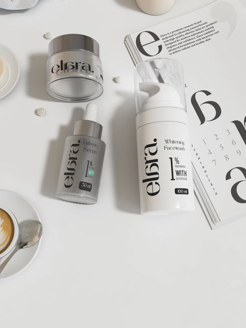 Elera skincare products on a white surface with a newspaper underneath