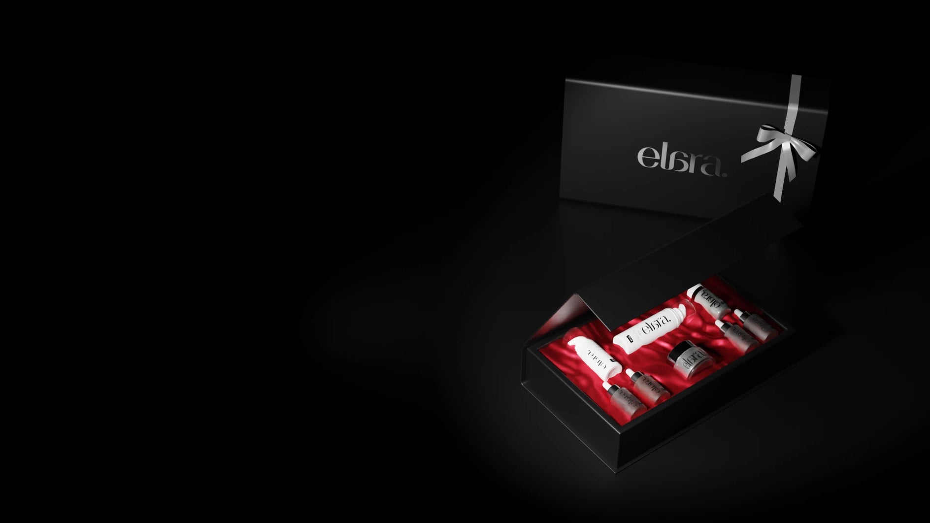 Elara beauty product packaging with a black box and red interior on a dark background